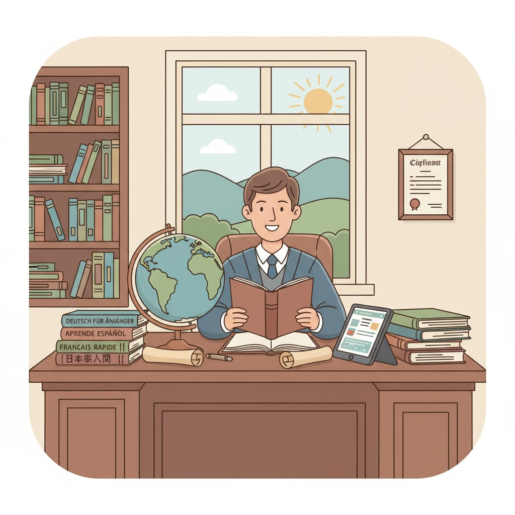 A person demonstrating their enthusiasm for language learning with various language resources