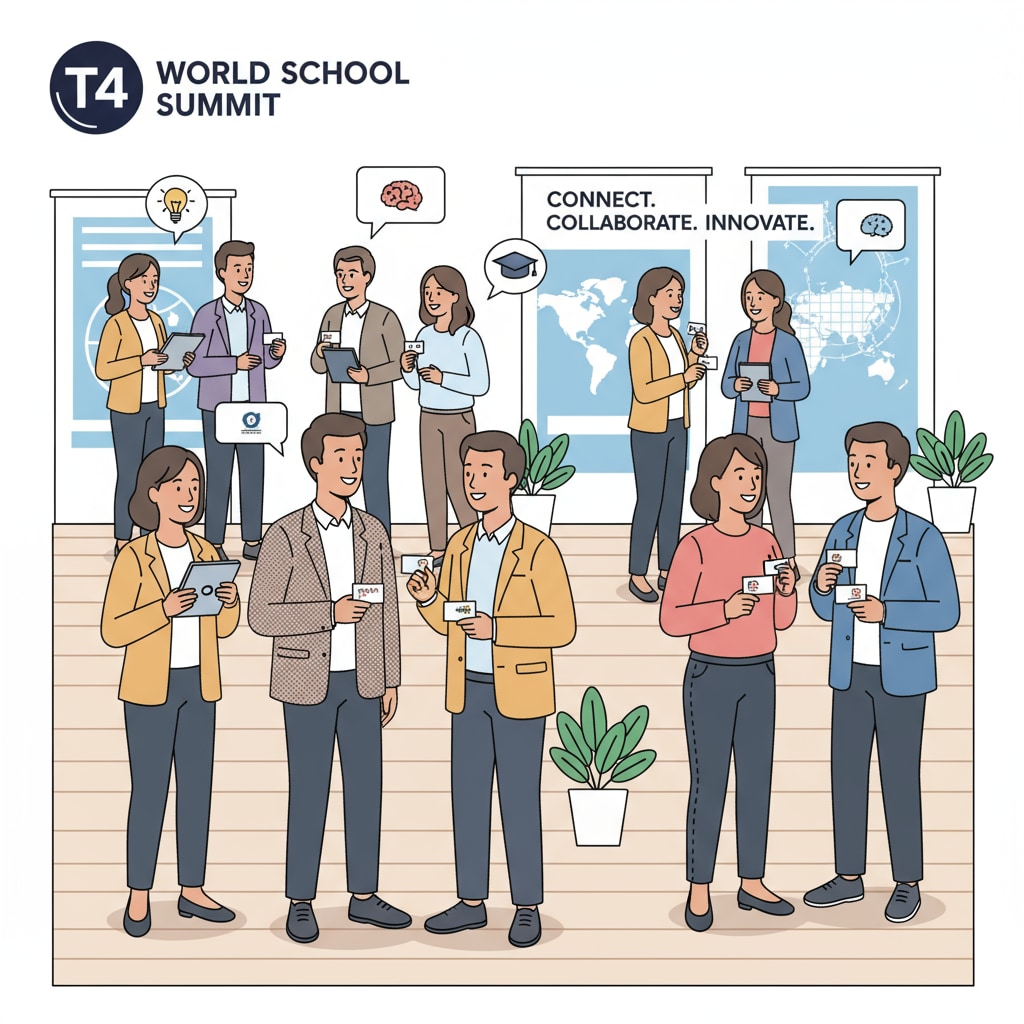 Educators networking at the T4 World School Summit for fundraising and collaboration opportunities.