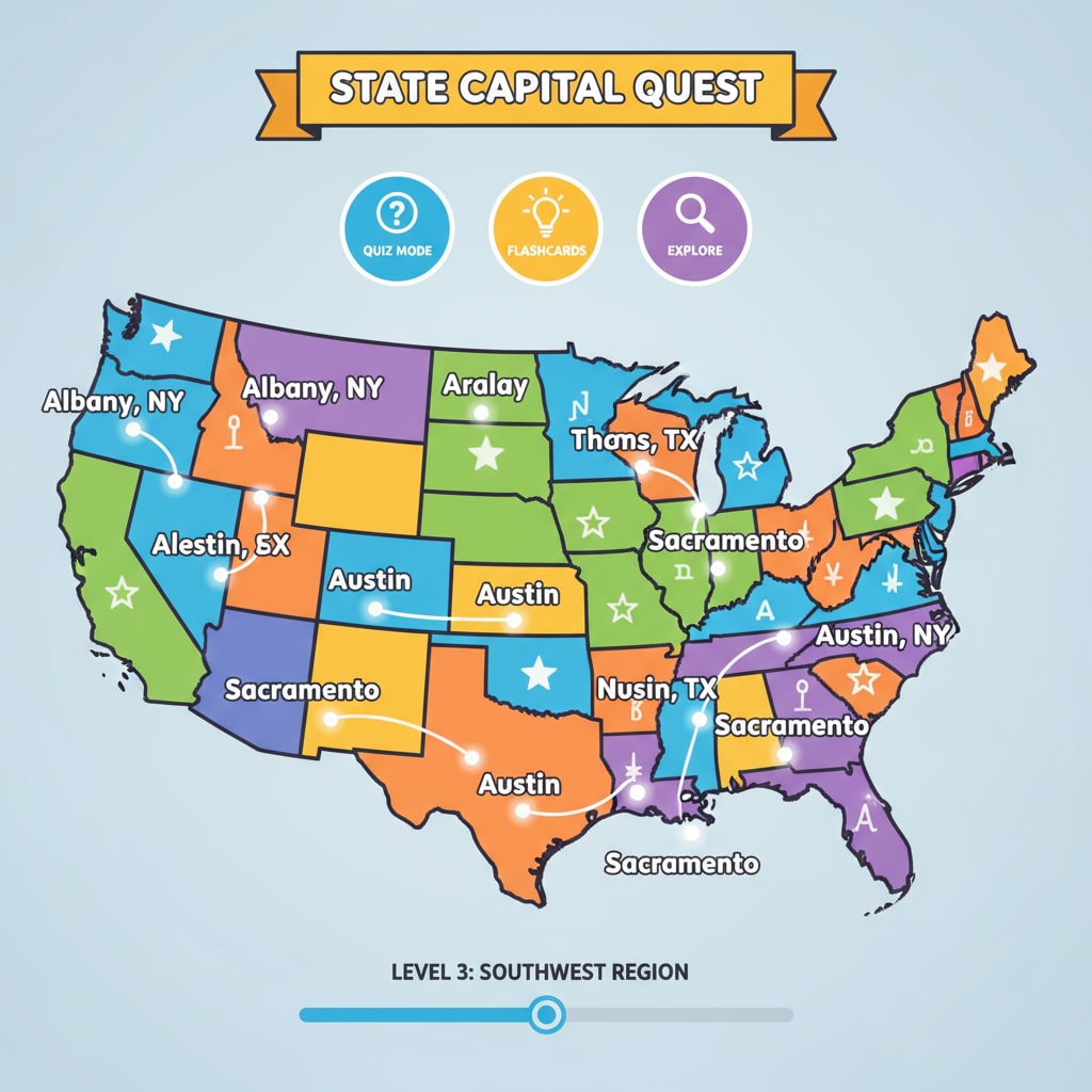 A state capital learning app screenshot with interactive elements for K12 geographic education.