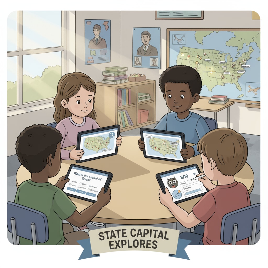 Students using state capital learning apps as teaching aids in a K12 geographic education classroom.