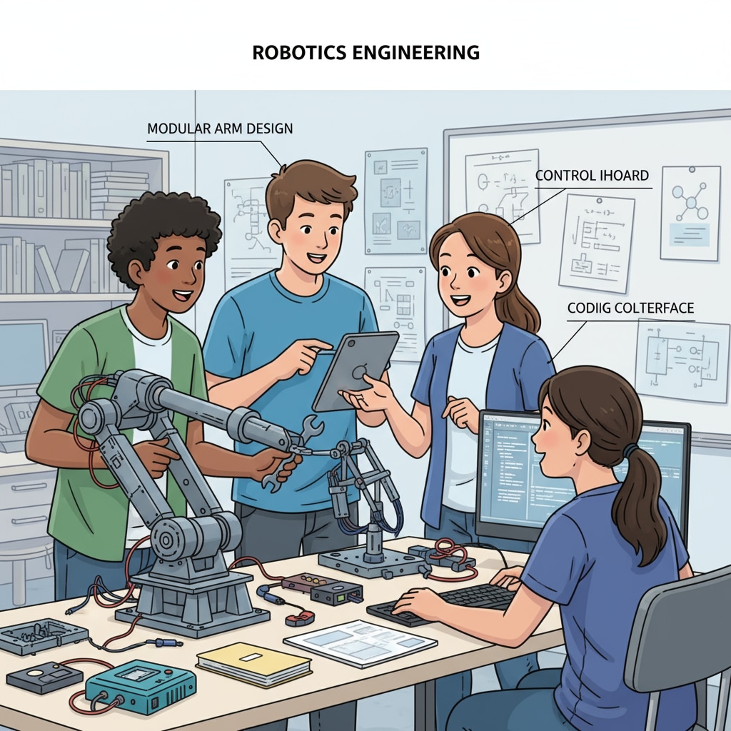 Students discussing robotics projects in a classroom related to robotics master study and education costs