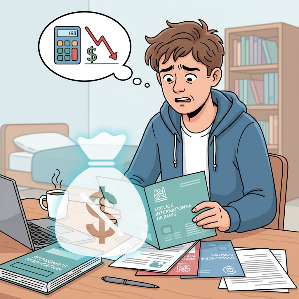 A worried student looking at international university brochures due to education costs for robotics master study