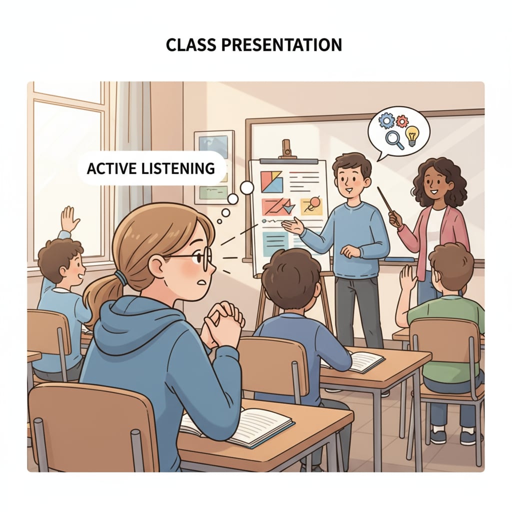 Student practicing active listening during a presentation, an important part of communication skills