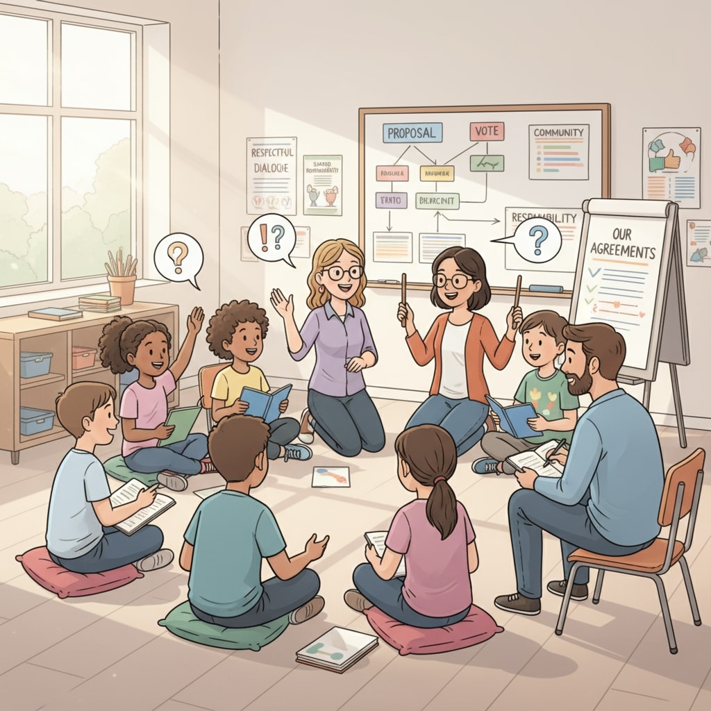 Democratic school environment with students and teachers discussing