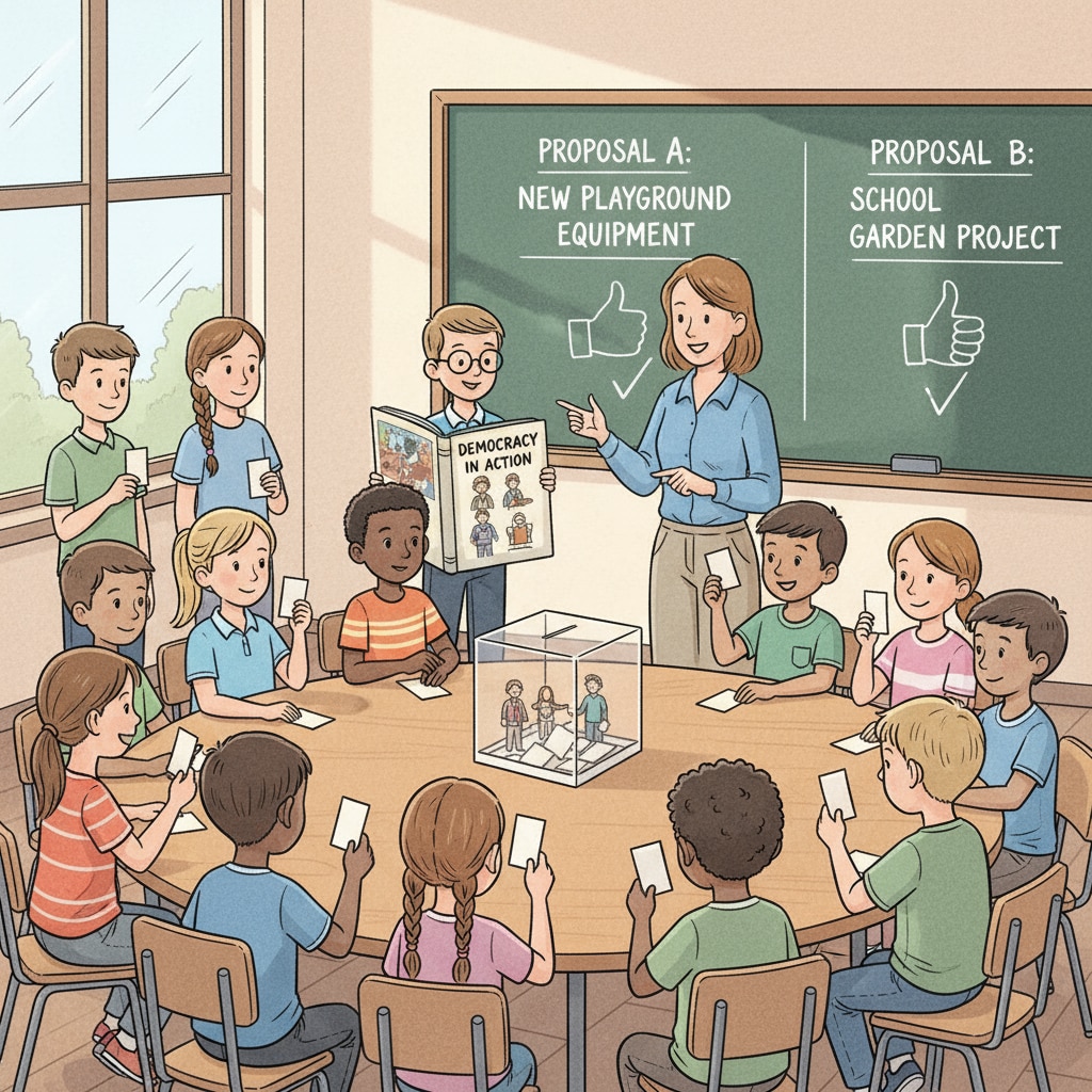 Students voting in a democratic school meeting