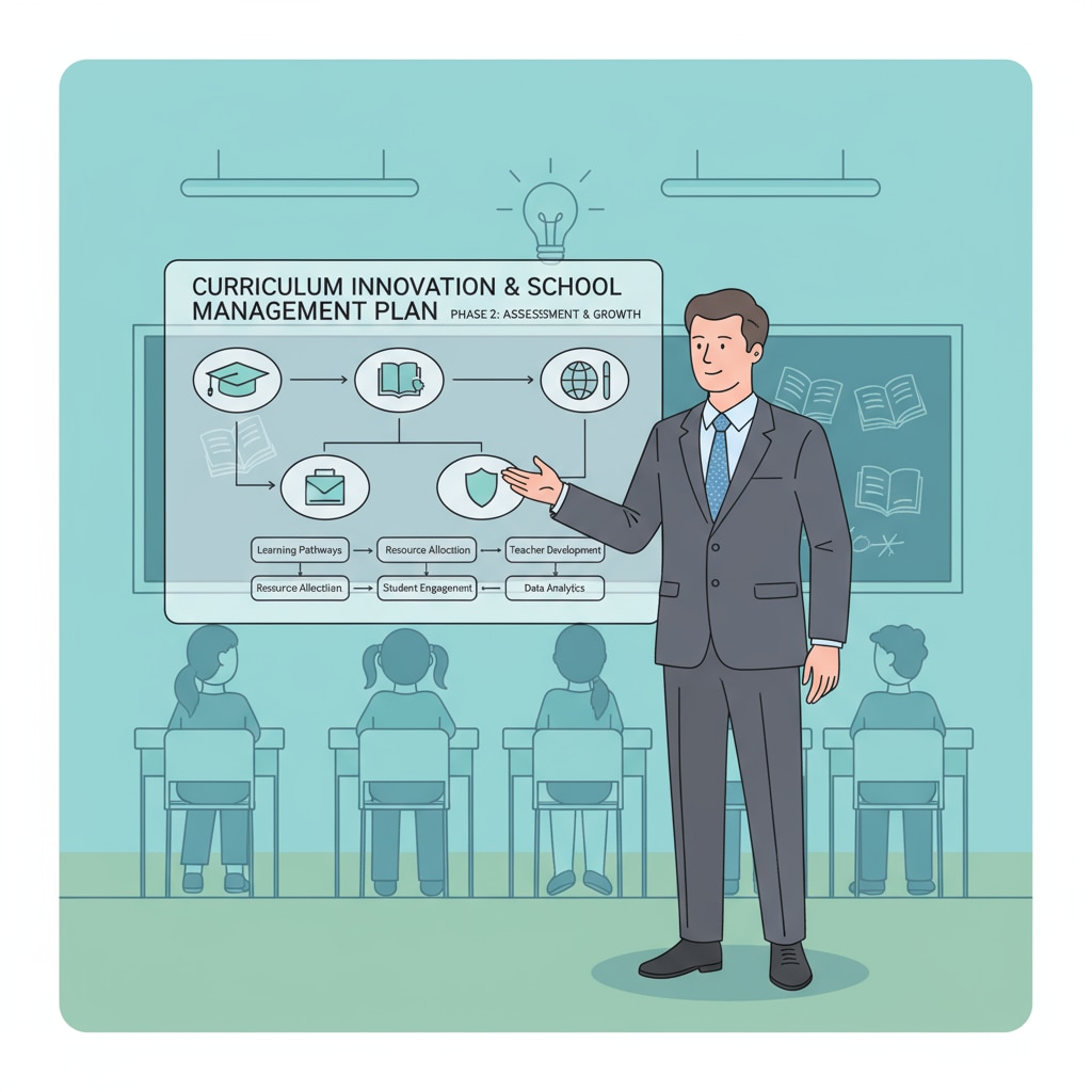 Person in educational leadership role presenting plan relevant to educational master, career development, and curriculum design