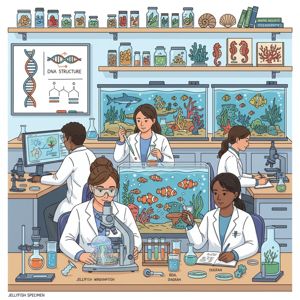 Students researching marine life in a laboratory for science degrees, marine biology, environmental science