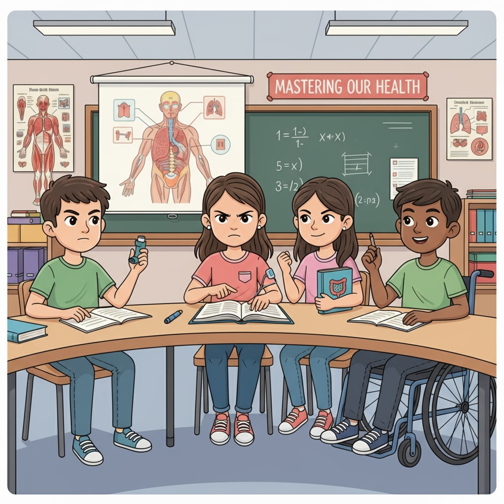 Students with chronic diseases in a classroom showing determination towards high school graduation and considering GED test.
