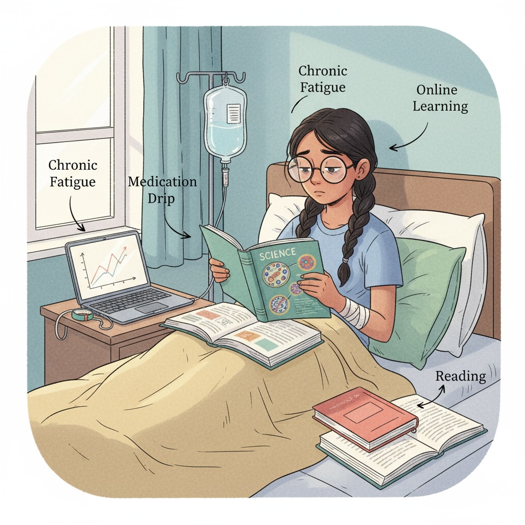 A tired student with chronic disease studying at home as an example of challenges in traditional education before considering GED test.