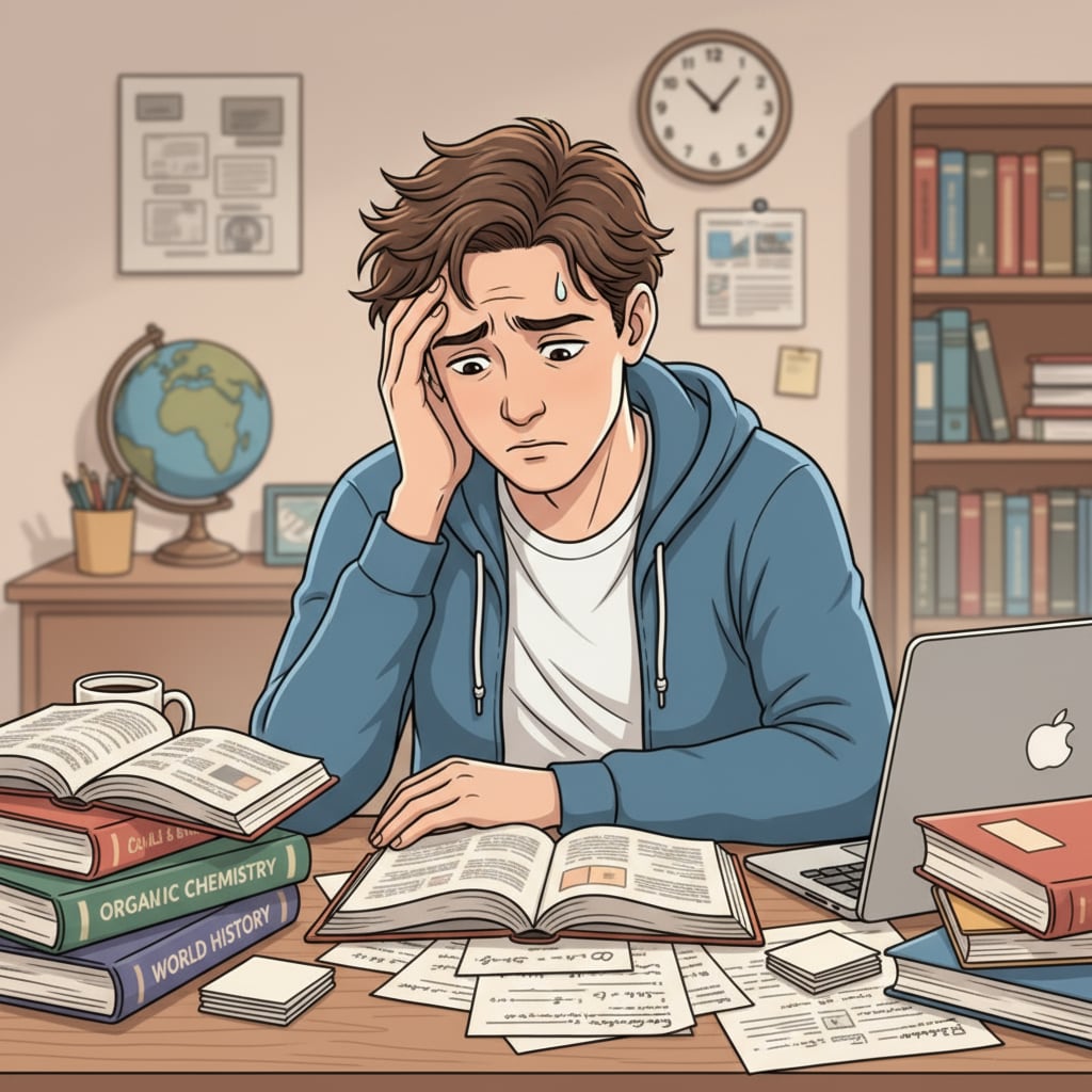 A student experiencing learning stress while trying to fill knowledge gaps for medical school.