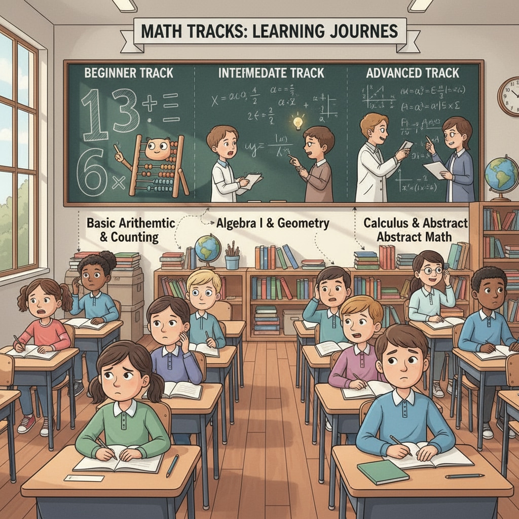 Classroom scene with students of different levels struggling with math related to teacher shortage, math track classification, and learning gaps