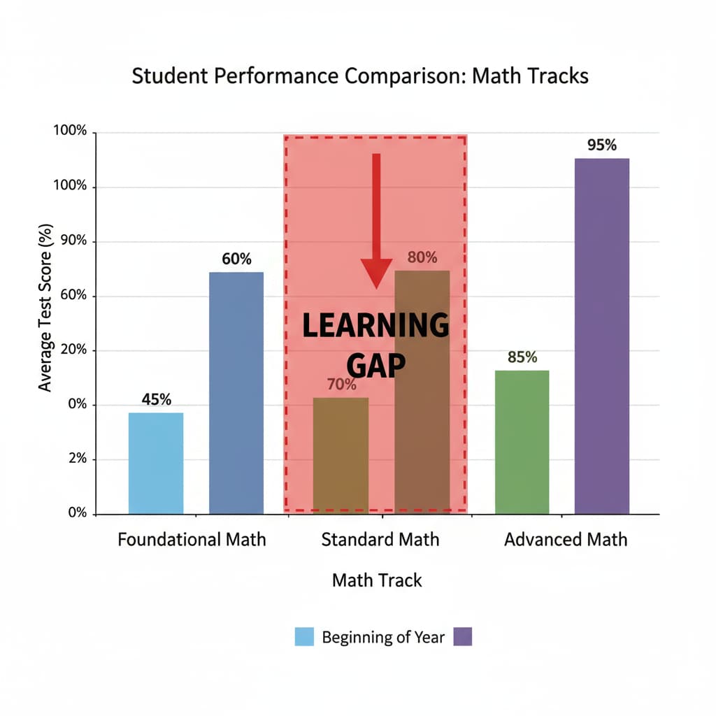 Graph showing learning gap between students in different math tracks related to teacher shortage, math track classification, and learning gaps