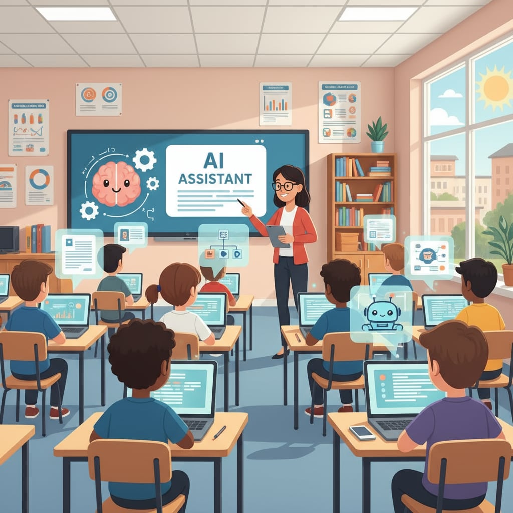 Students using AI-generated content in a classroom for academic tasks.