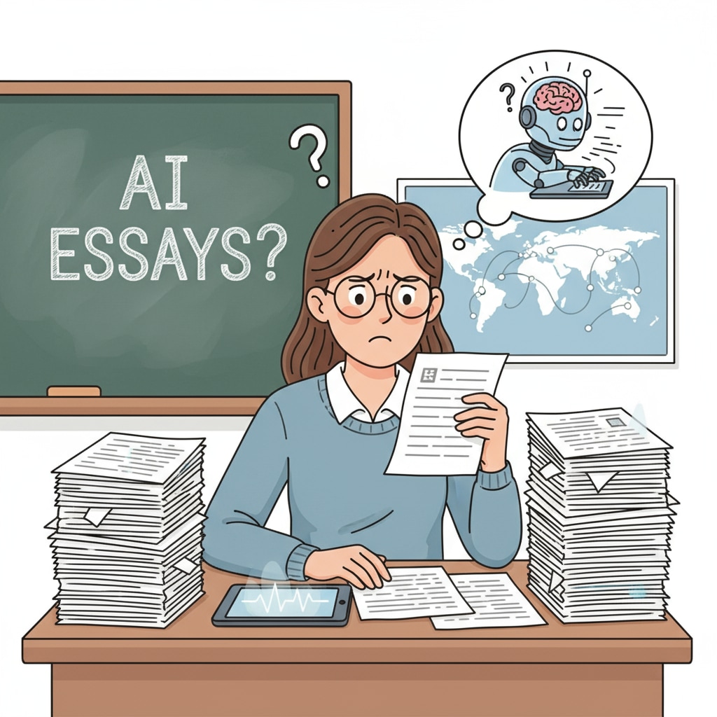 Teacher reviewing student essays with concern due to possible AI-generated content.
