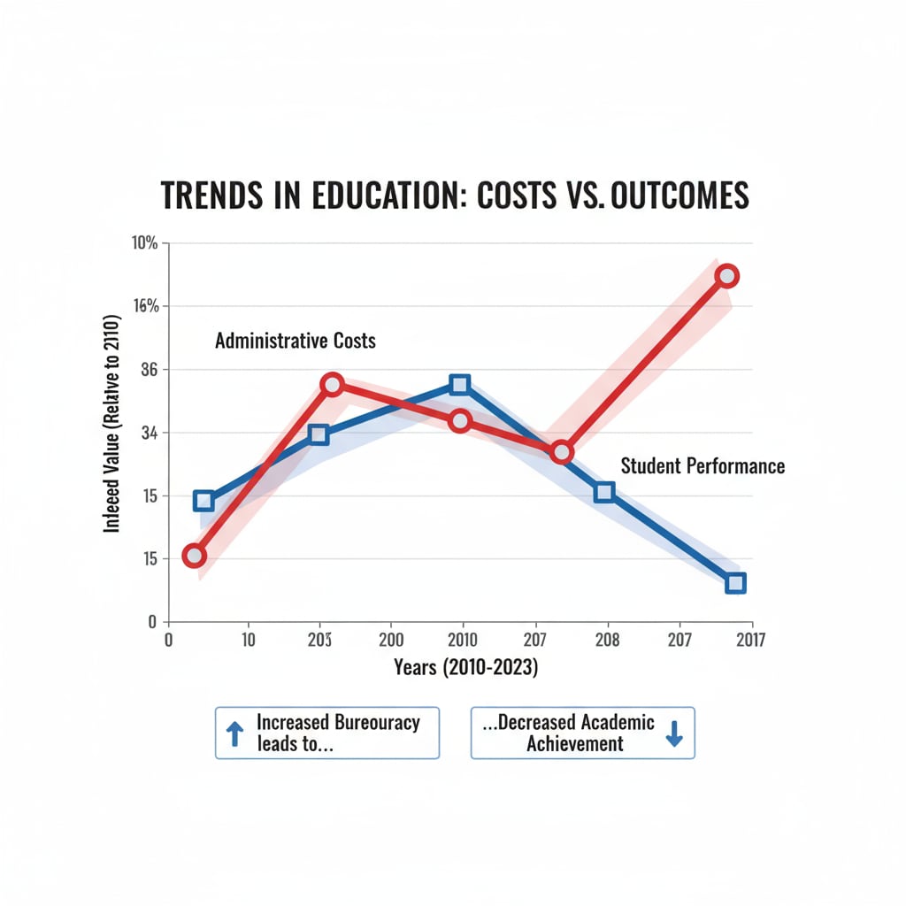 A visual representation of the relationship between education administrative costs, funding allocation, and student performance.