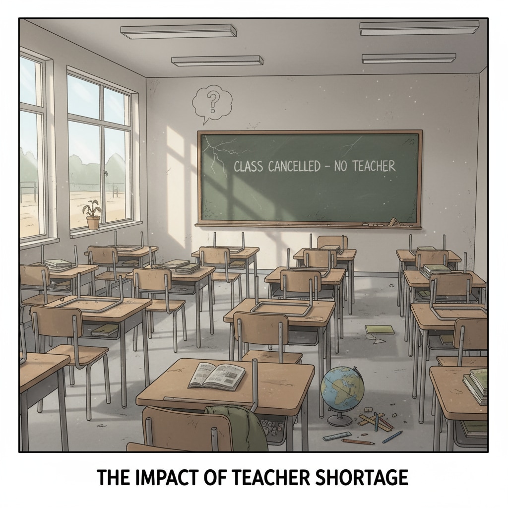 Classroom with empty desks due to teacher shortage in the US