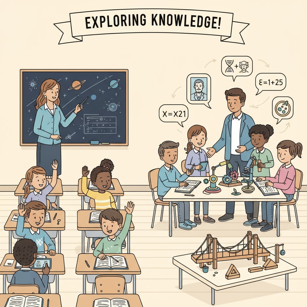 Classroom scene depicting the integration of basic knowledge and skill development in educational standards and school curriculum.