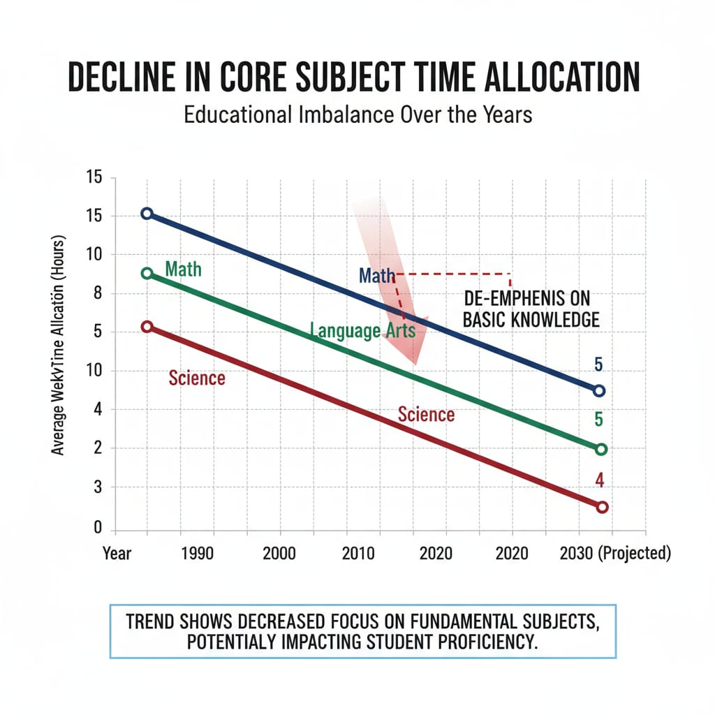 Graph showing the decline in time for basic knowledge subjects in school curriculum, relevant to educational standards and the lack of basic knowledge issue.