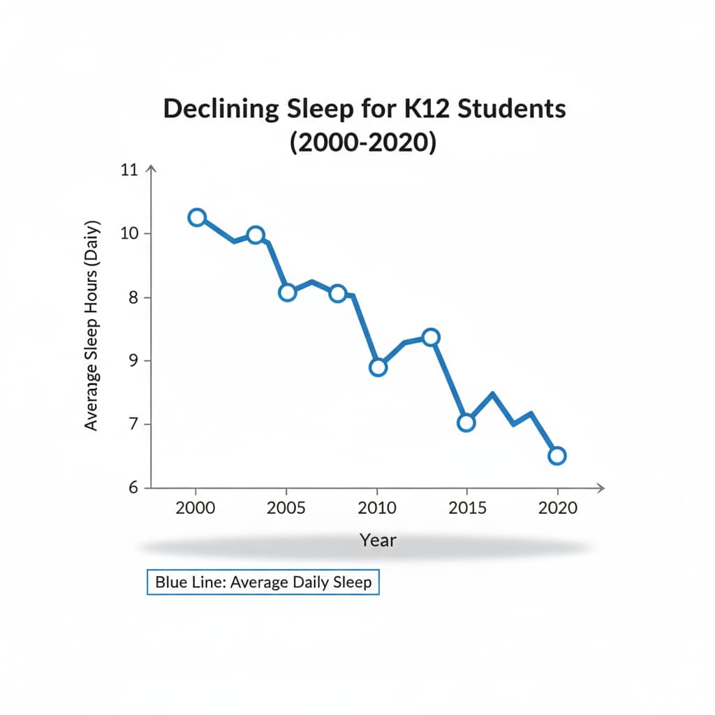 Graph depicting the decline in sleep hours of K12 students over time, highlighting the sleep crisis linked to school pressure and mental health