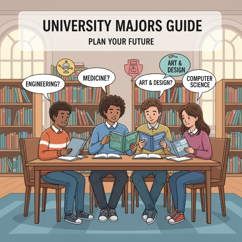 High school students discussing university majors related to math, physics, software engineering, and career prospects in a library