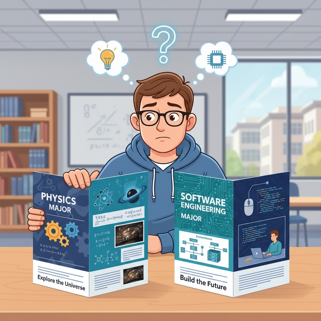 A student considering between a physics major and a software engineering major in relation to math, physics, software engineering, and career prospects