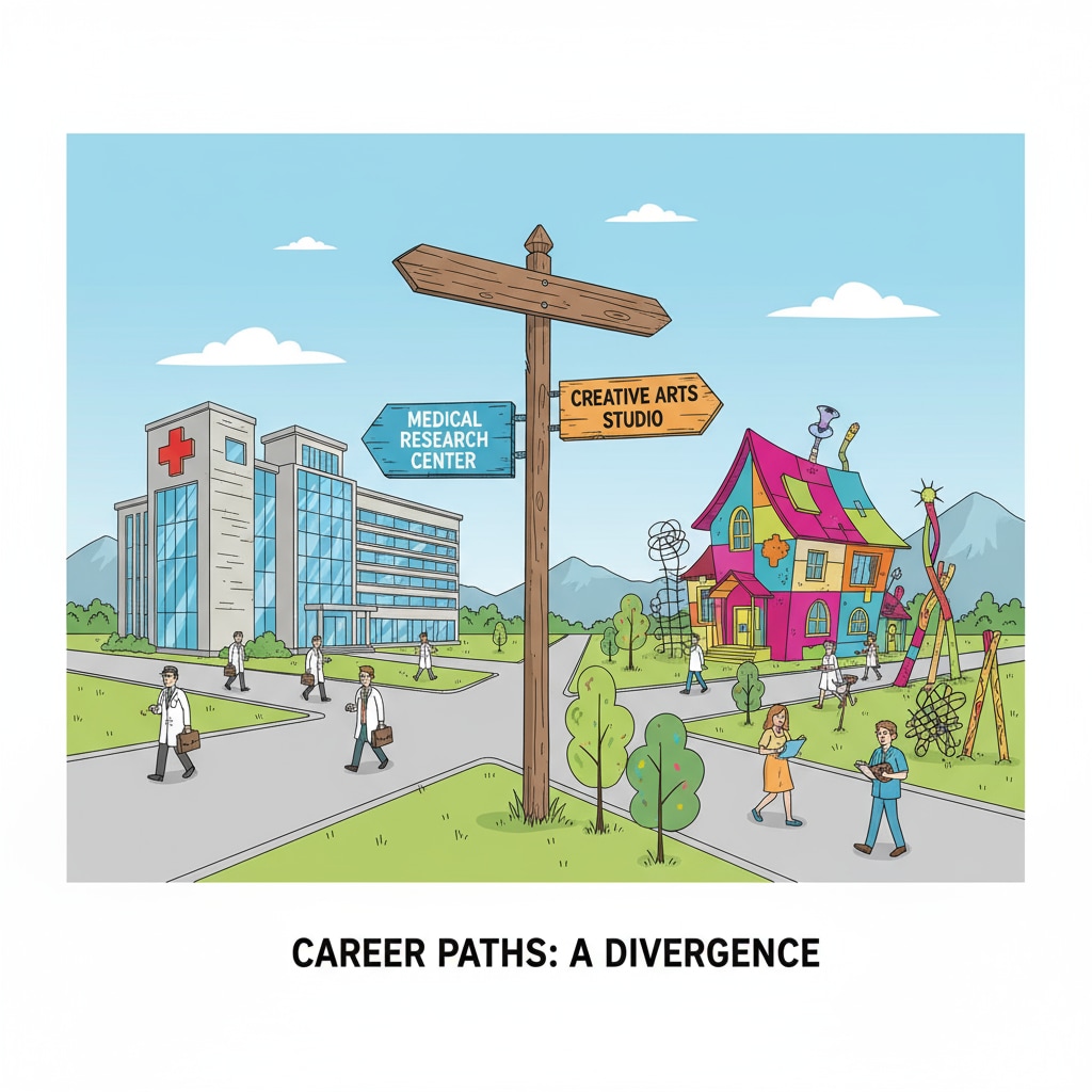 A person at a crossroads of choosing between a medical and a creative career