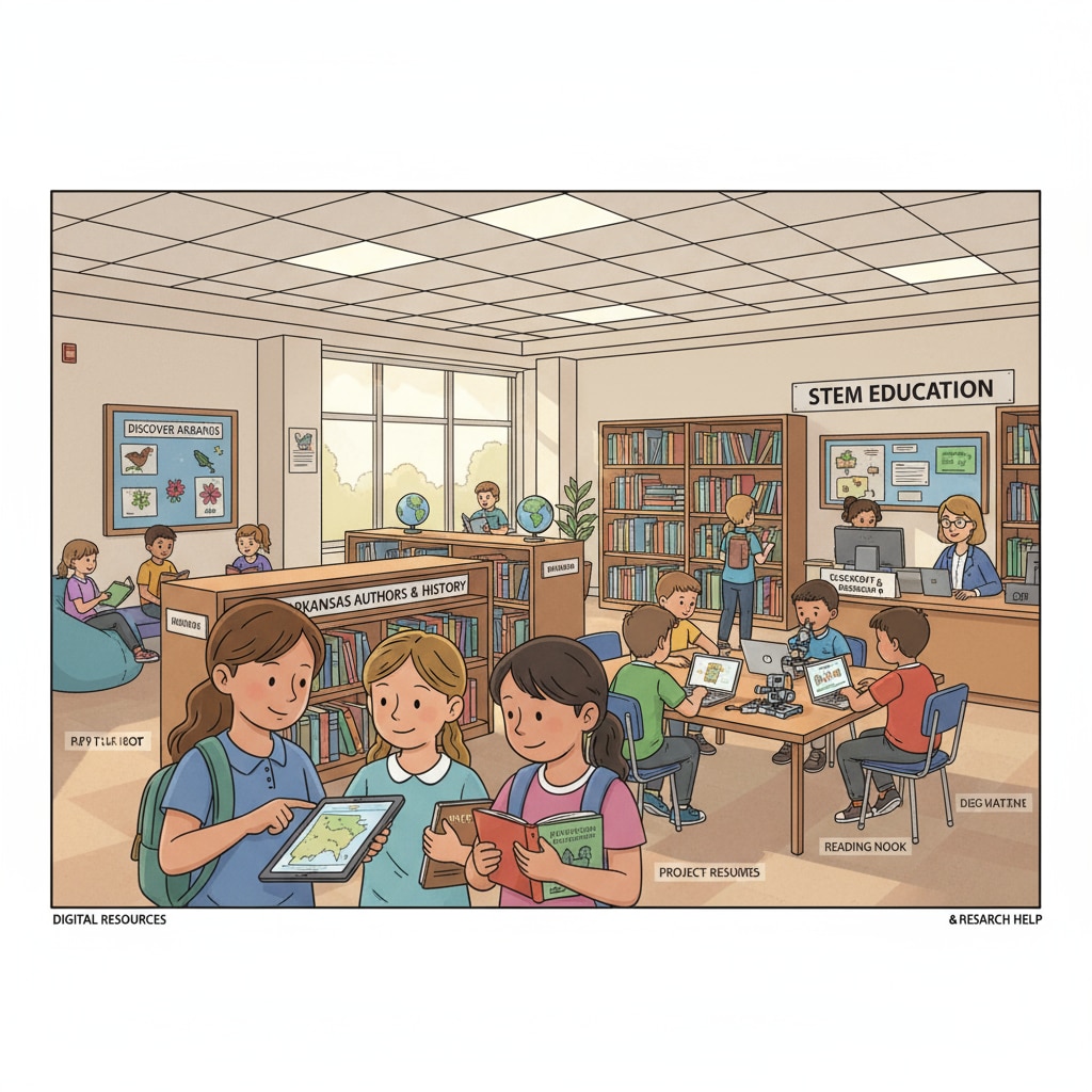 Students in an Arkansas school library related to education levels