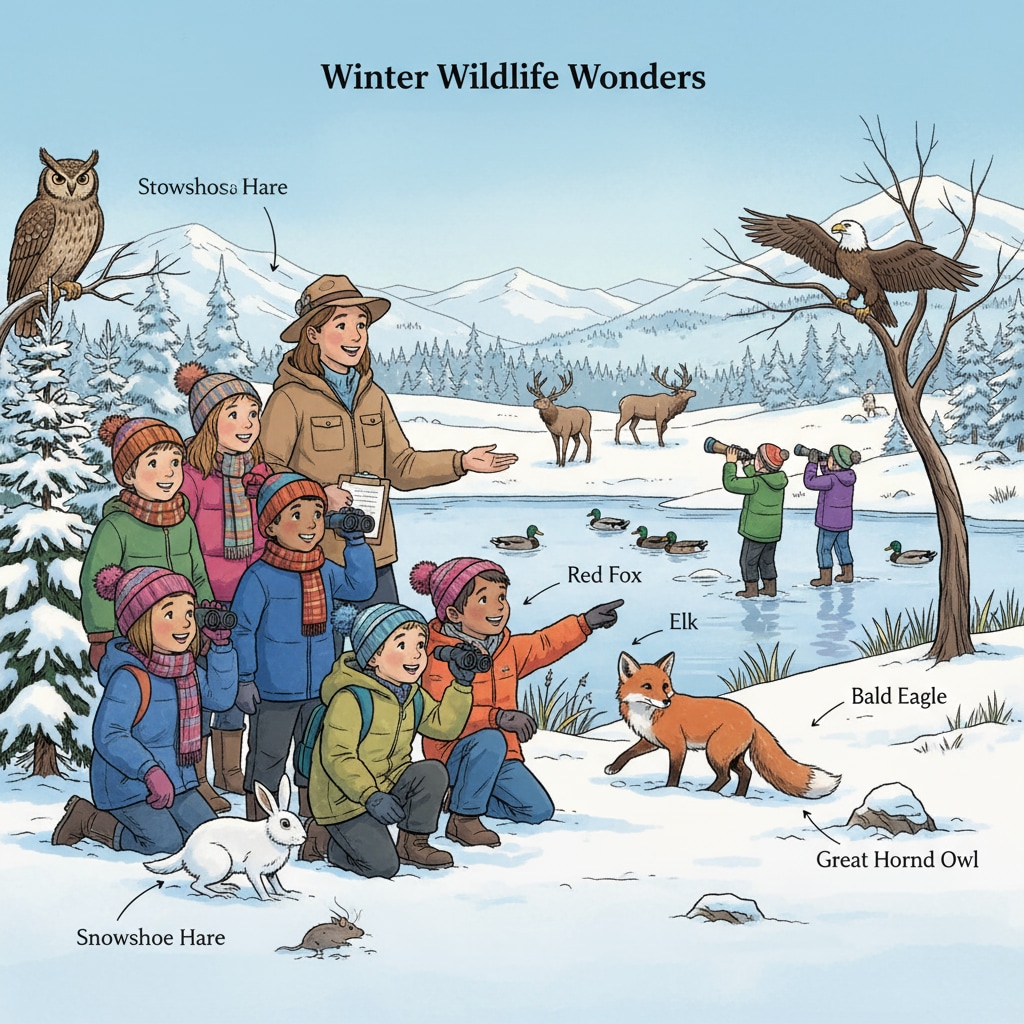 Kids observing animals in winter habitats at the day camp related to animal adaptation and name creativity