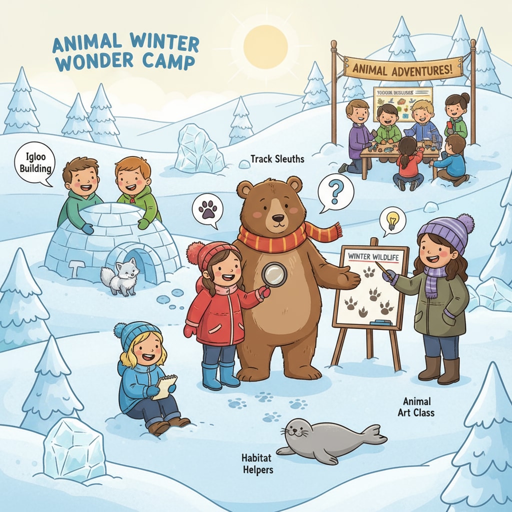 Students enjoying activities at the Animal Winter Wonder Camp, an example of a creative name for a day camp focused on animal adaptation