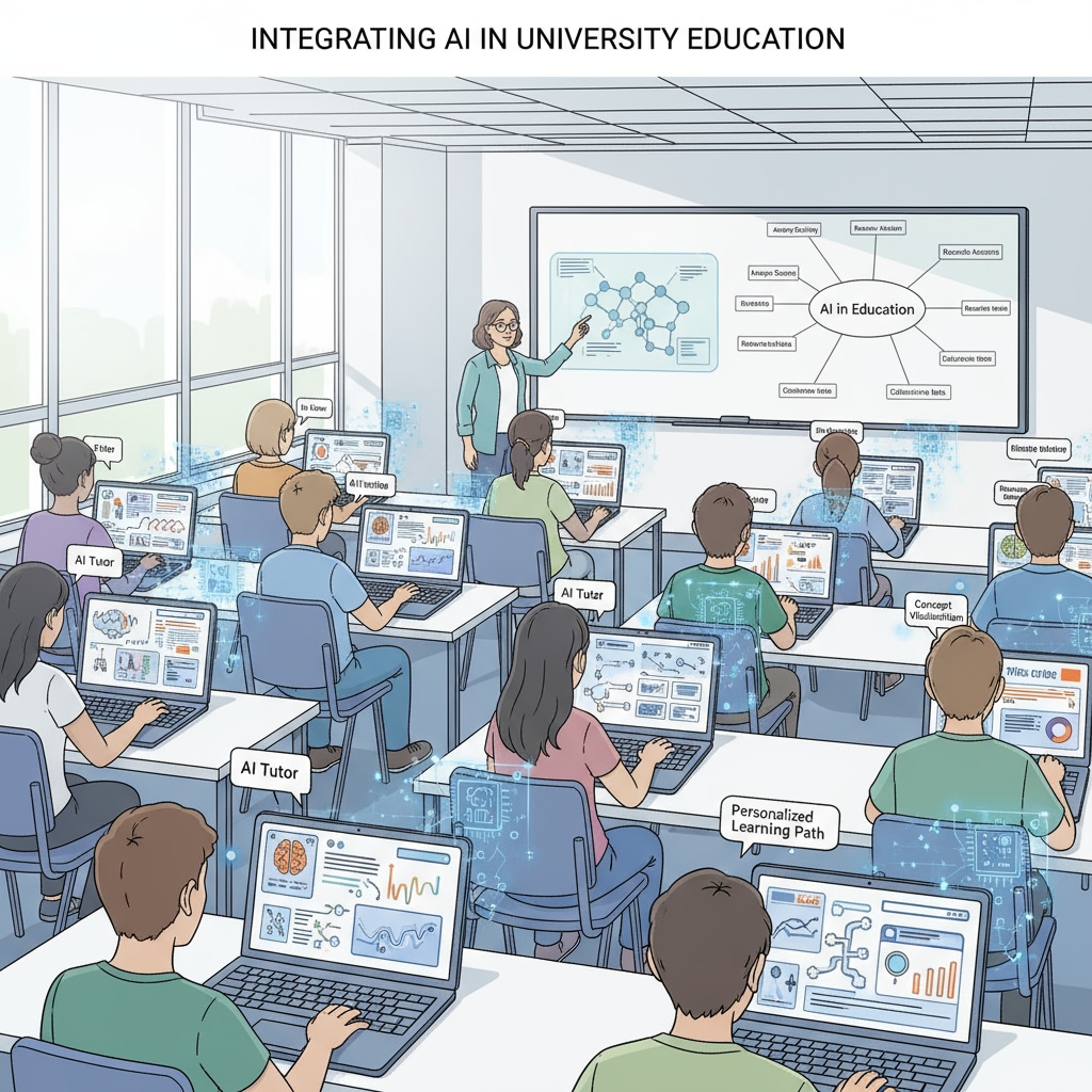 Students using AI - powered educational software in a university classroom