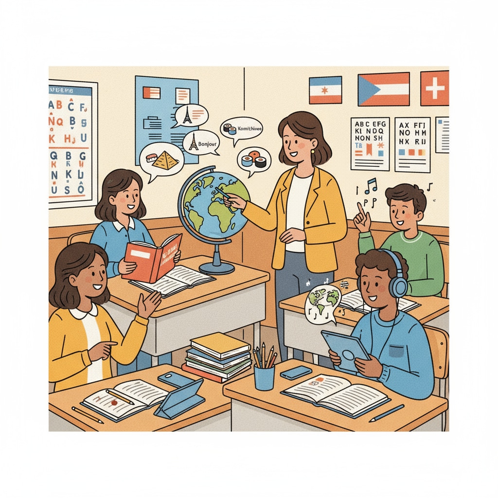 Students engaged in language learning, exploring knowledge value and cultural horizons.