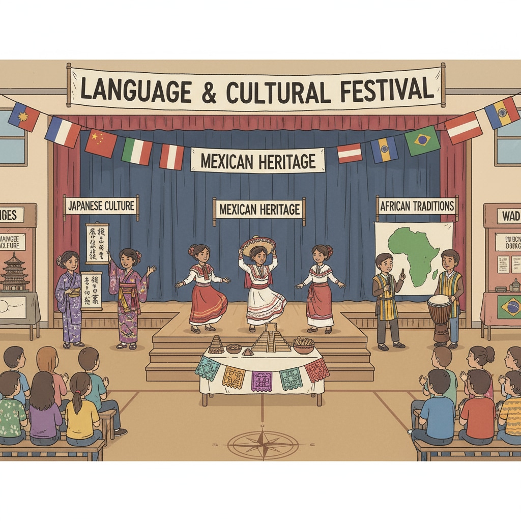 Students showcasing cultural horizons through language learning at a festival.