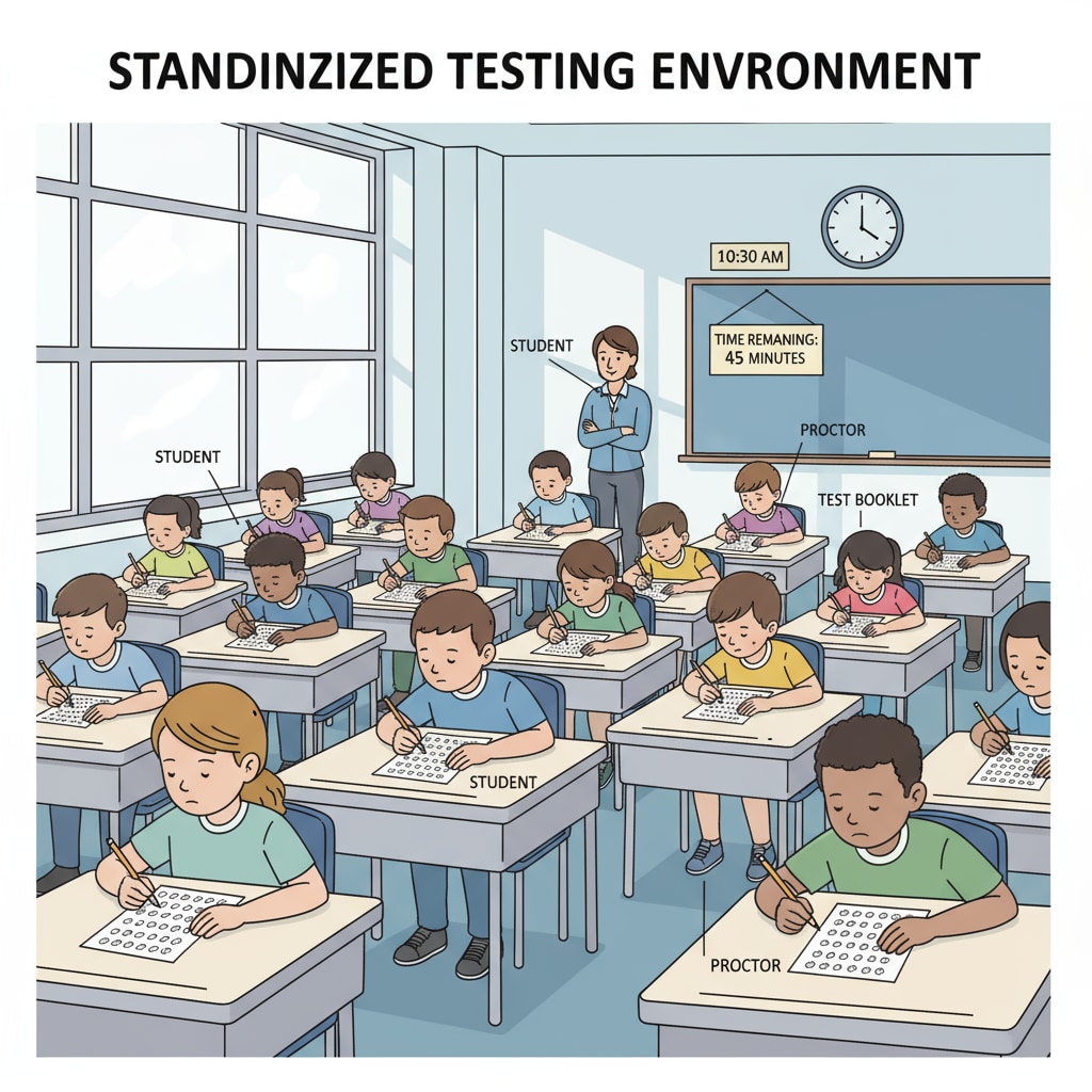 Students taking a standardized test that measures memory and is part of the educational assessment system, which may not fully evaluate critical thinking.
