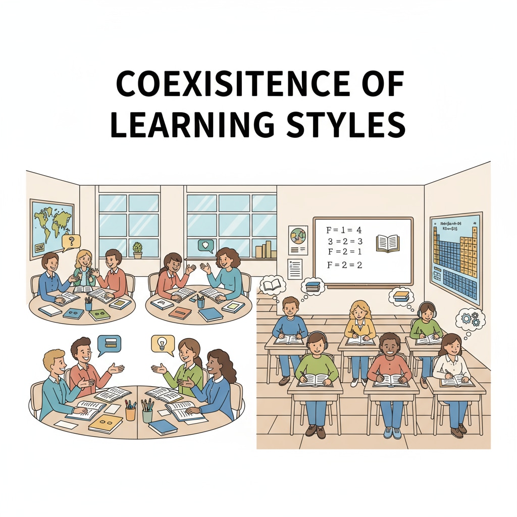 Classroom scene depicting group learning and individual learning for enhanced learning effectiveness