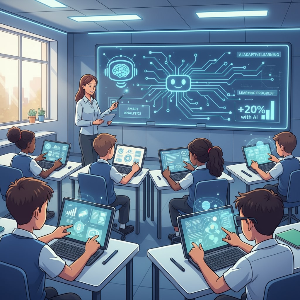 Students interacting with AI - based educational tools in a classroom related to artificial intelligence in education, machine learning teaching, and educational innovation