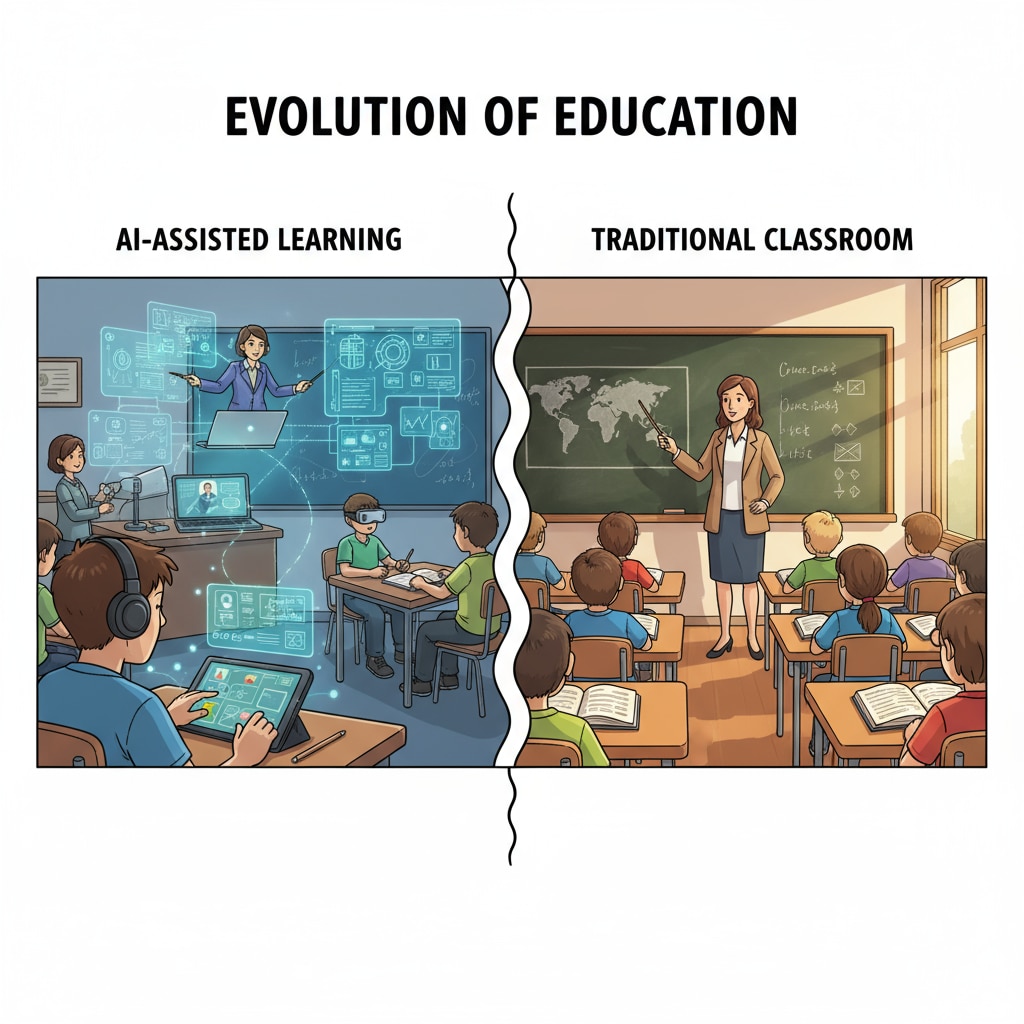 Comparison between an AI - assisted learning scene and a traditional classroom scene in the context of artificial intelligence in education, machine learning teaching, and educational innovation