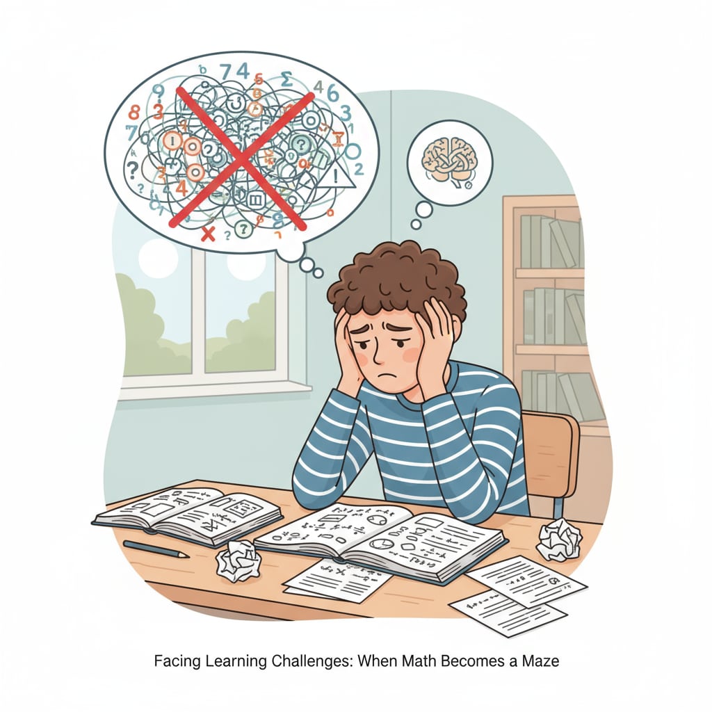 A frustrated student with learning difficulties trying to solve math problems