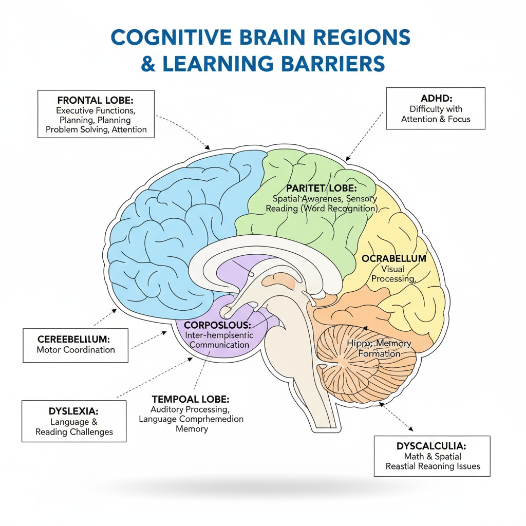Brain diagram depicting cognitive function areas relevant to learning difficulties