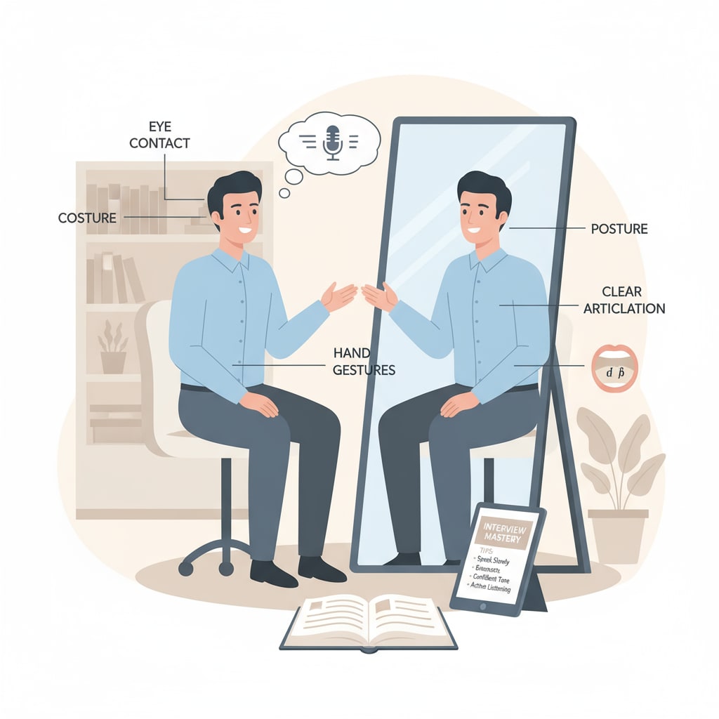 A person is sitting in front of a mirror, practicing interview communication skills, such as speaking clearly and using appropriate hand gestures. A person practicing interview communication skills for short-term improvement