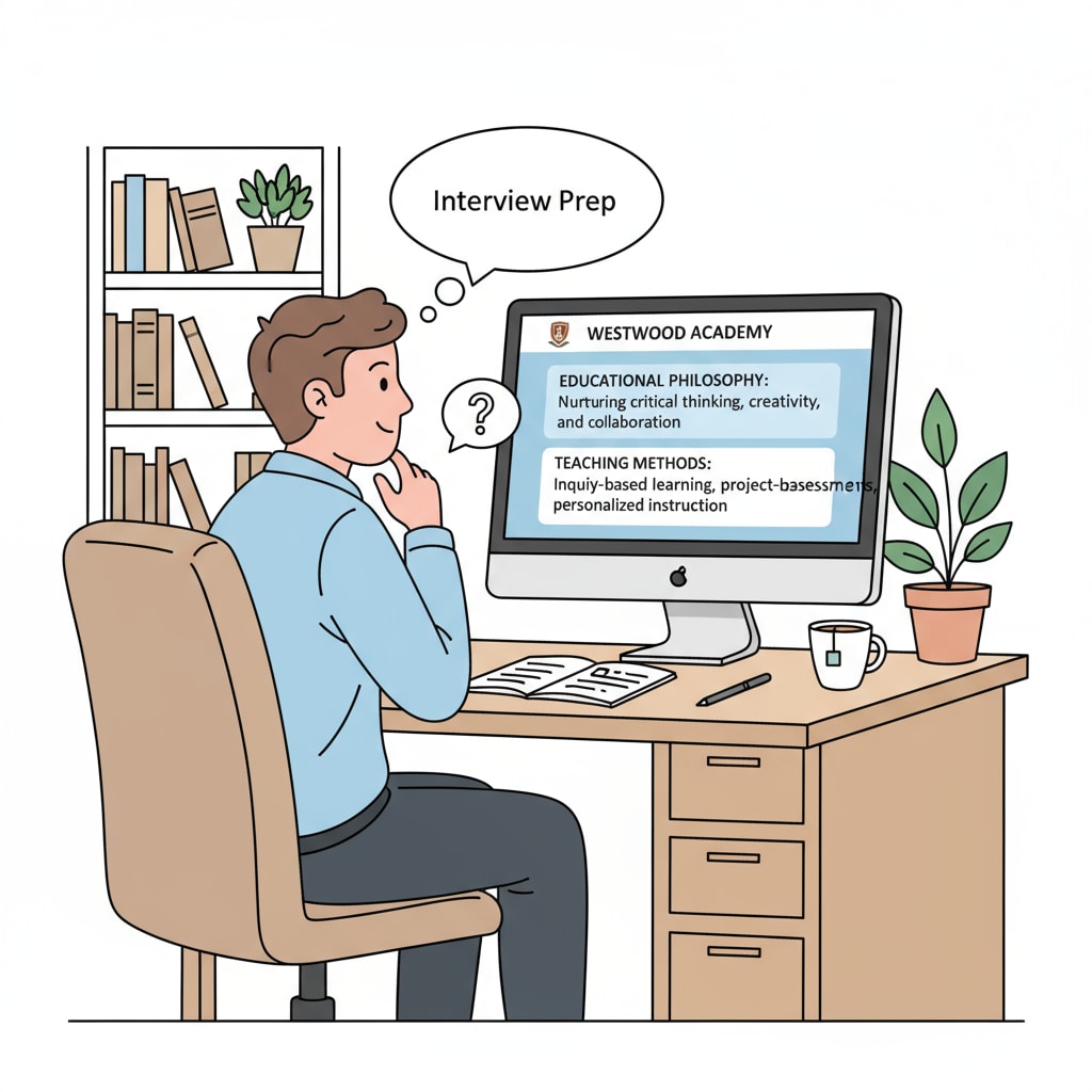 A person is sitting at a desk, looking at a computer screen, researching information about a school, including its educational philosophy and teaching methods, in preparation for an interview. A person researching about a school before an interview for short-term communication improvement