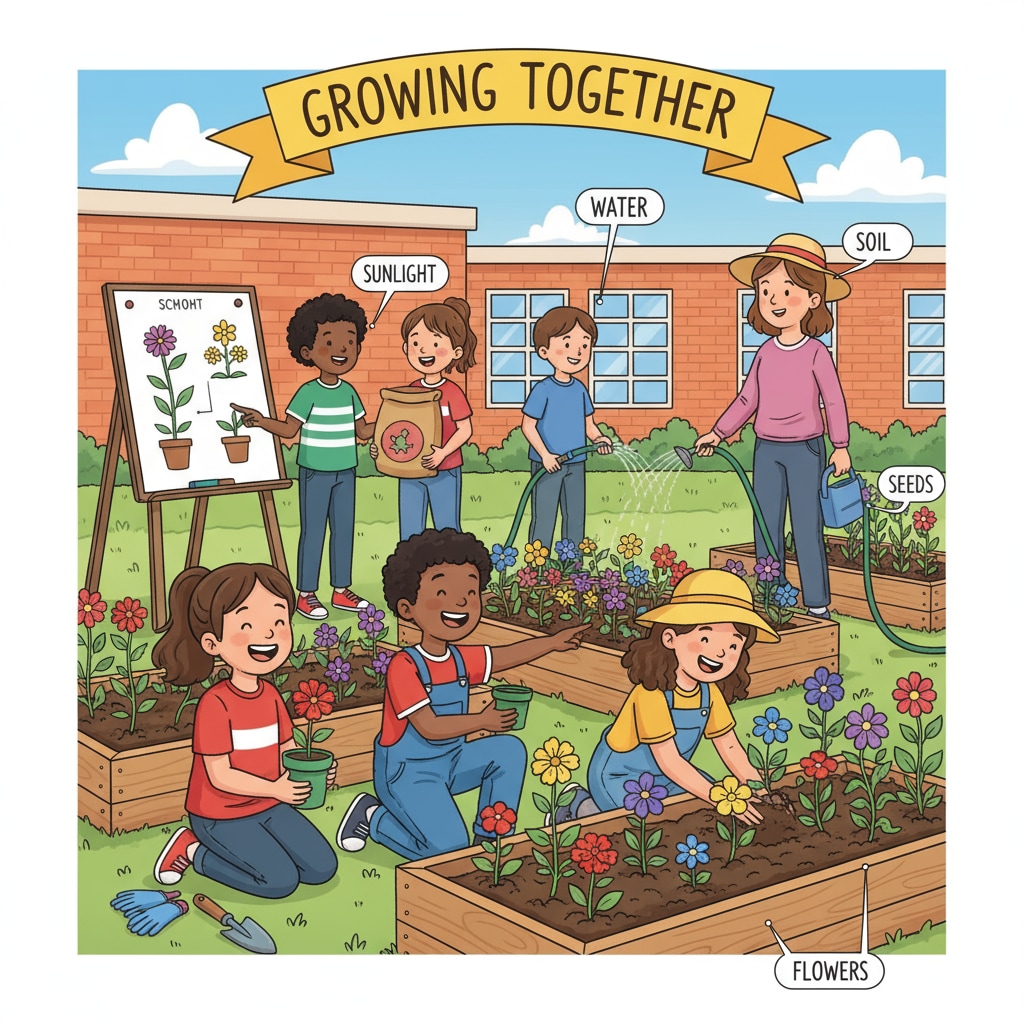Students planting flowers in a school garden for educational and developmental purposes