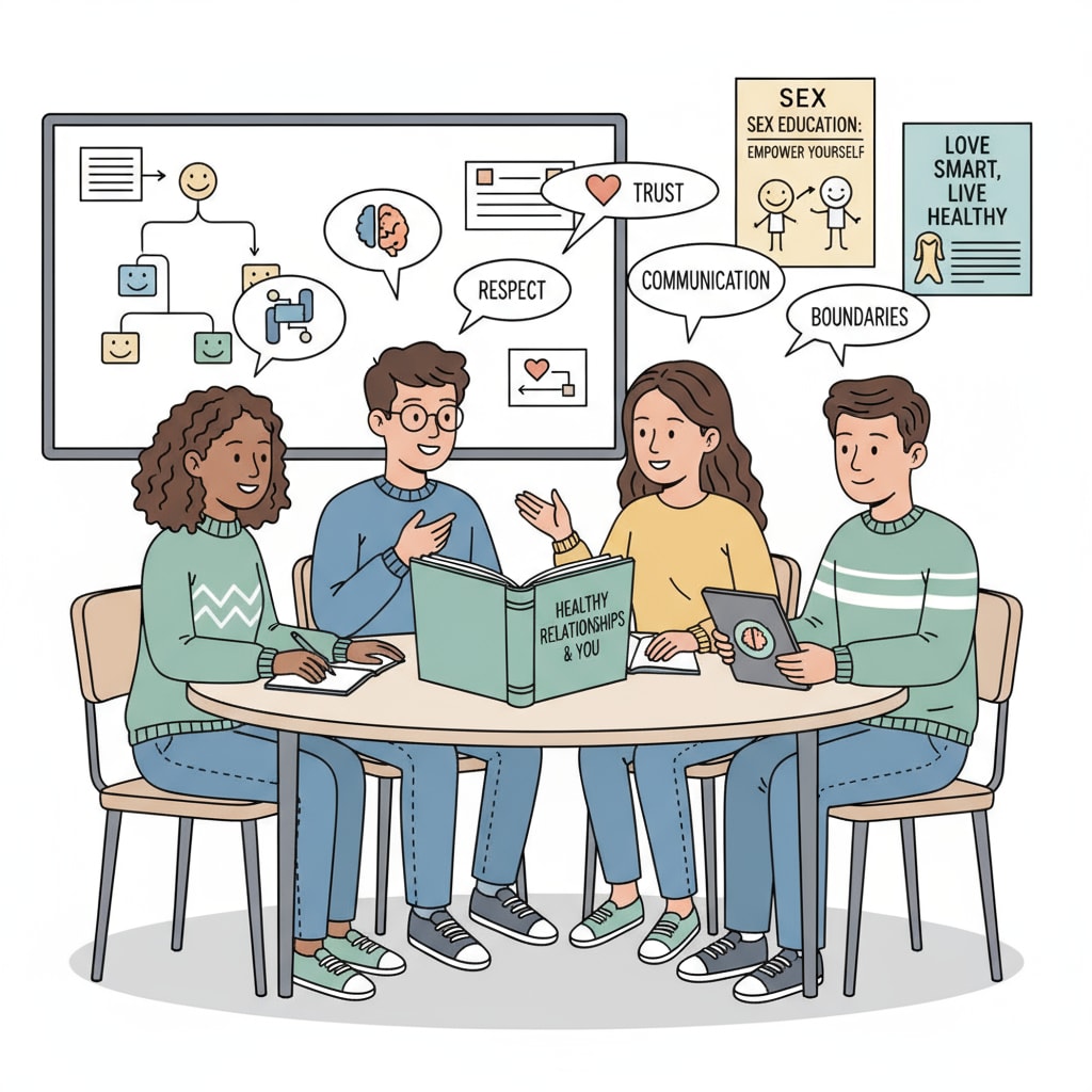 Young people discussing healthy relationships as part of sex education for adolescent health in school