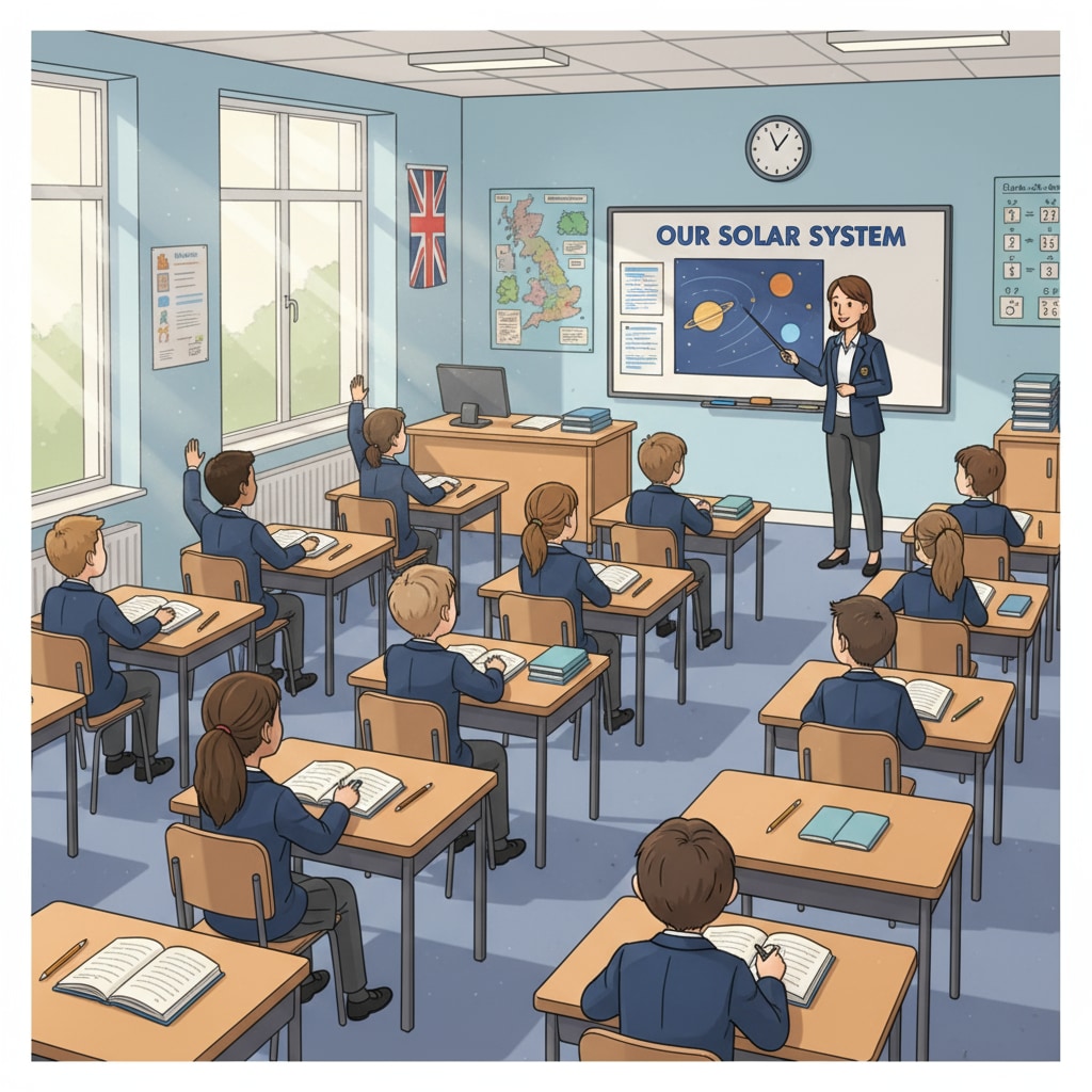 A classroom scene related to UK education system, curriculum, and student assessment