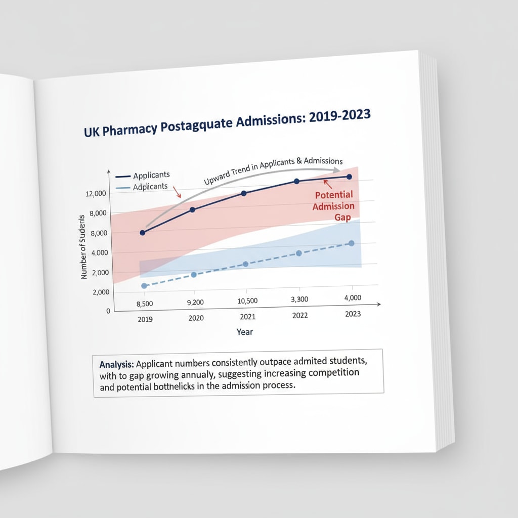 A graph showing the number of pharmacy postgraduate applicants and admitted students in the UK related to UK pharmacy postgraduate entry situation