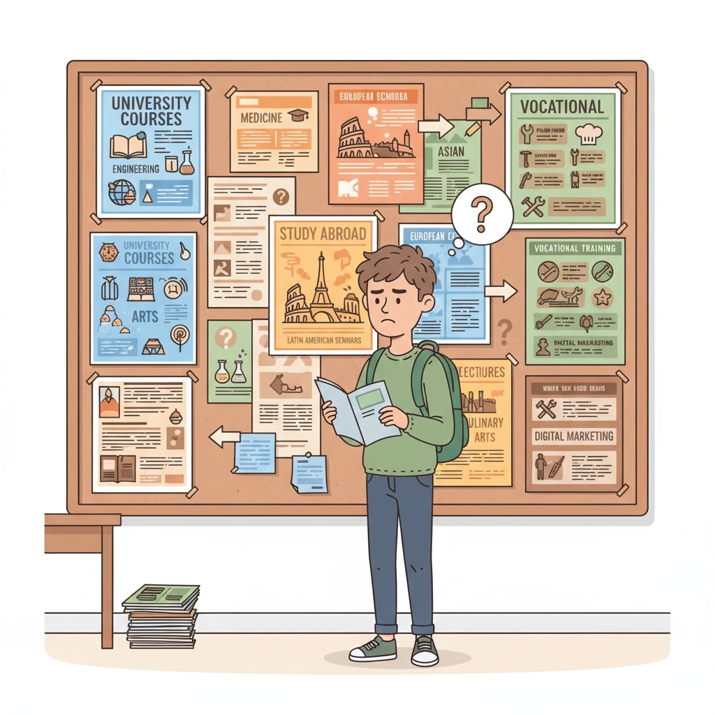 Student looking lost among educational options, influenced by social pressure and educational purpose conflict