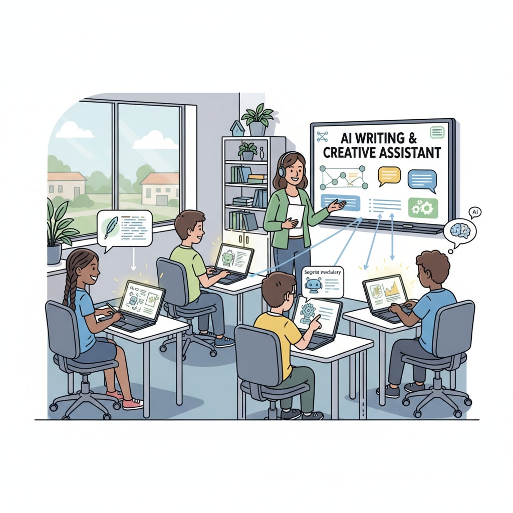 Students using AI for writing practice in a classroom related to AI writing, teaching transformation, and writing skills