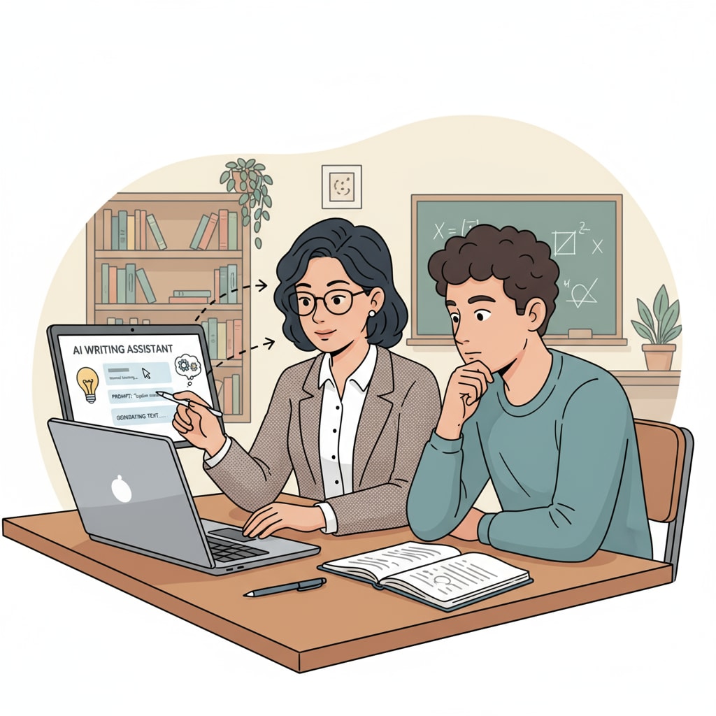 Educator guiding student on using AI in writing, related to AI writing, teaching transformation, and writing skills