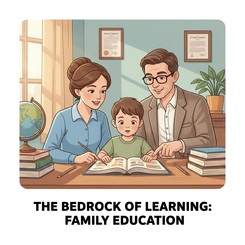 A child learning from parents at home, related to family education, bias transmission, and educational choices