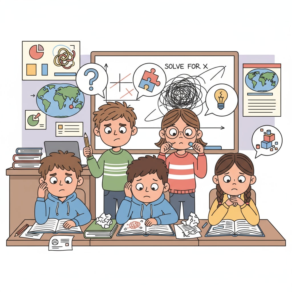 K12 students showing signs of learning difficulties, anxiety, and self-doubt in a classroom