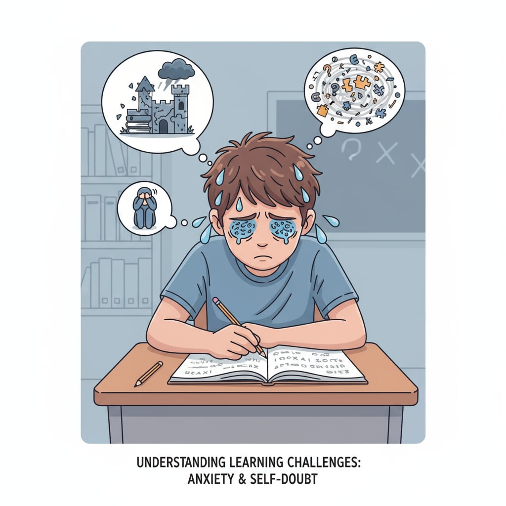 A K12 student experiencing learning difficulties, anxiety, and self-doubt sitting at a desk